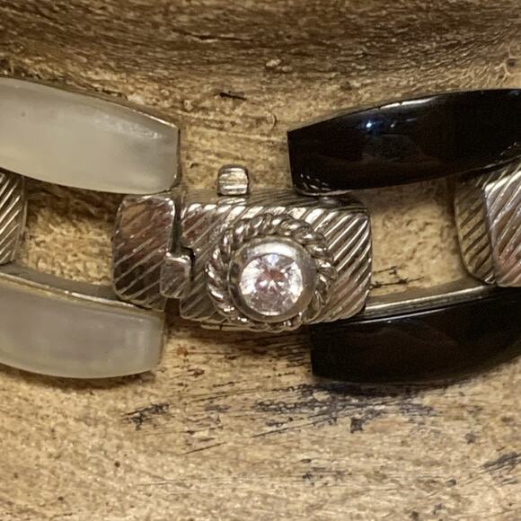 Judith Ripka Bracelet Sterling Silver, Black Onyx, MOP, and CZ Hinged 7.75 Inch - Picture 5 of 11